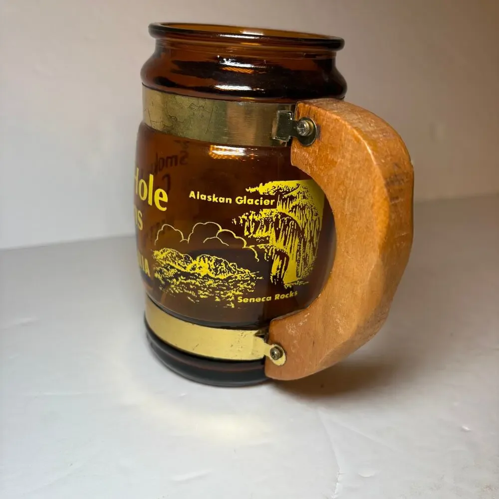 Vintage Smoke Hold Caverns West Virginia Souvenir Brown Glass Barrel Mug Wood